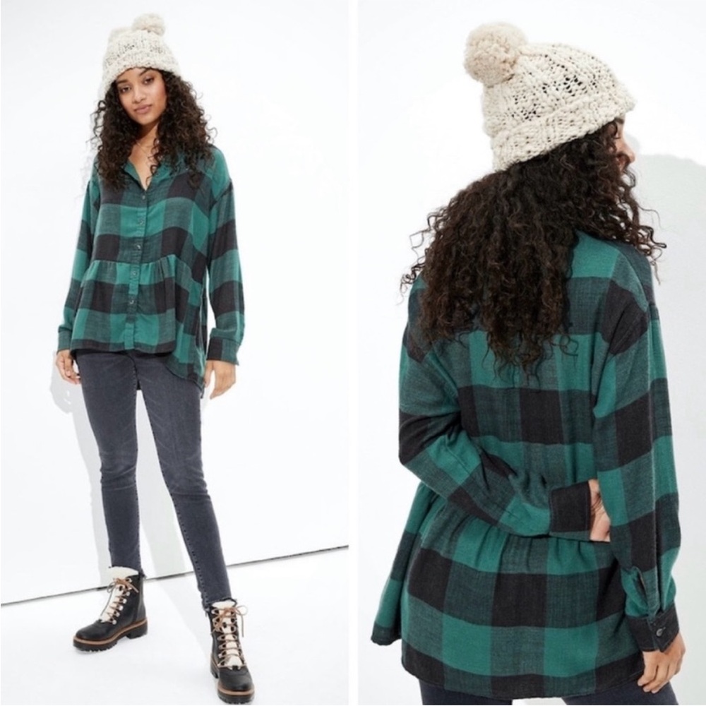 ☀️ American Eagle Flowy Bottom Black and Green Oversized Flannel